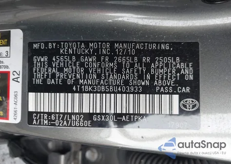 2011 Toyota Avalon Limited z USA, uszkodzony, nr VIN 4T1BK3DB5BU403933